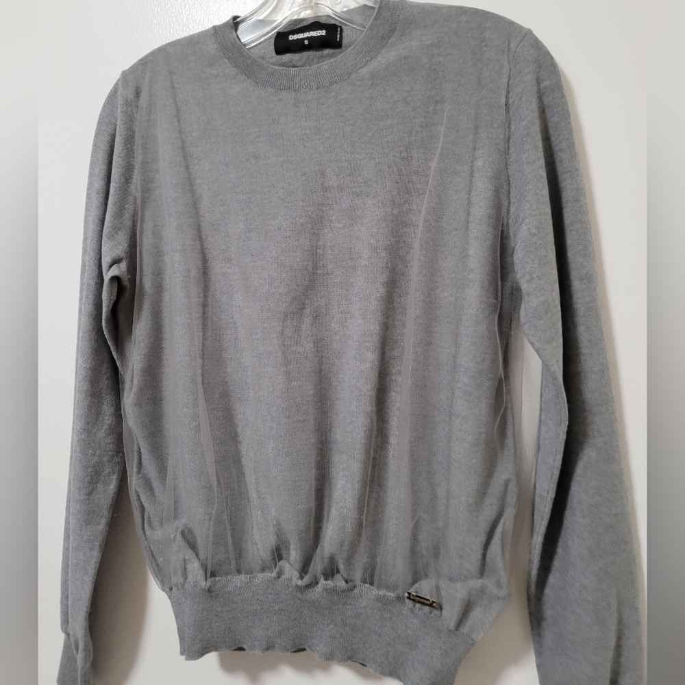 DSQUARED2 Sweater Womens Small Gray Crew Neck Wool Blend Sheer Overlay Modified